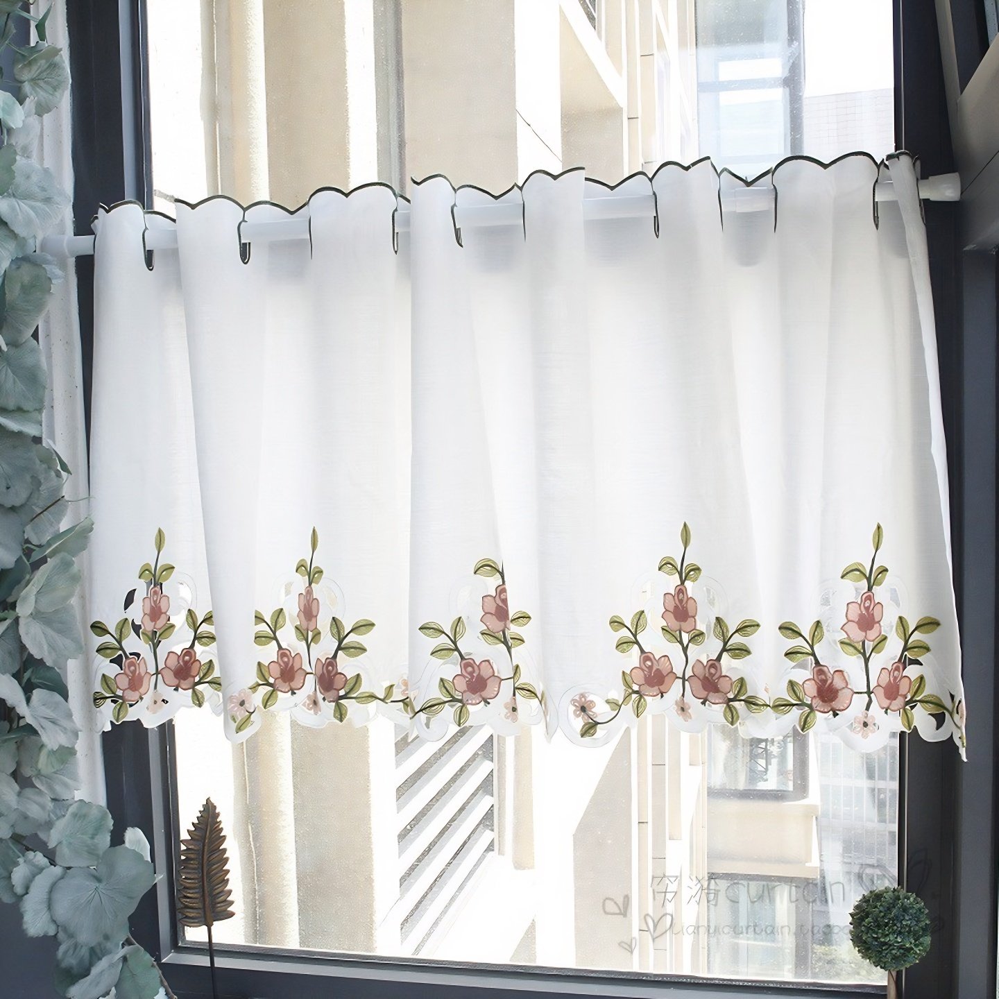 花蔓半帘短帘刺绣咖啡帘成品厨房小窗帘纱橱柜帘隔断帘门帘免打孔,淘宝优惠券,粉丝福利购,淘宝优惠卷