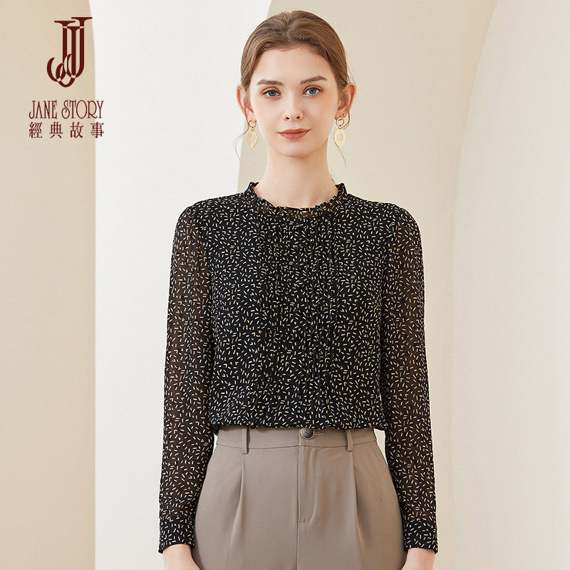 经典故事黑色圆领女春装2022年衬衫 经典故事衬衫