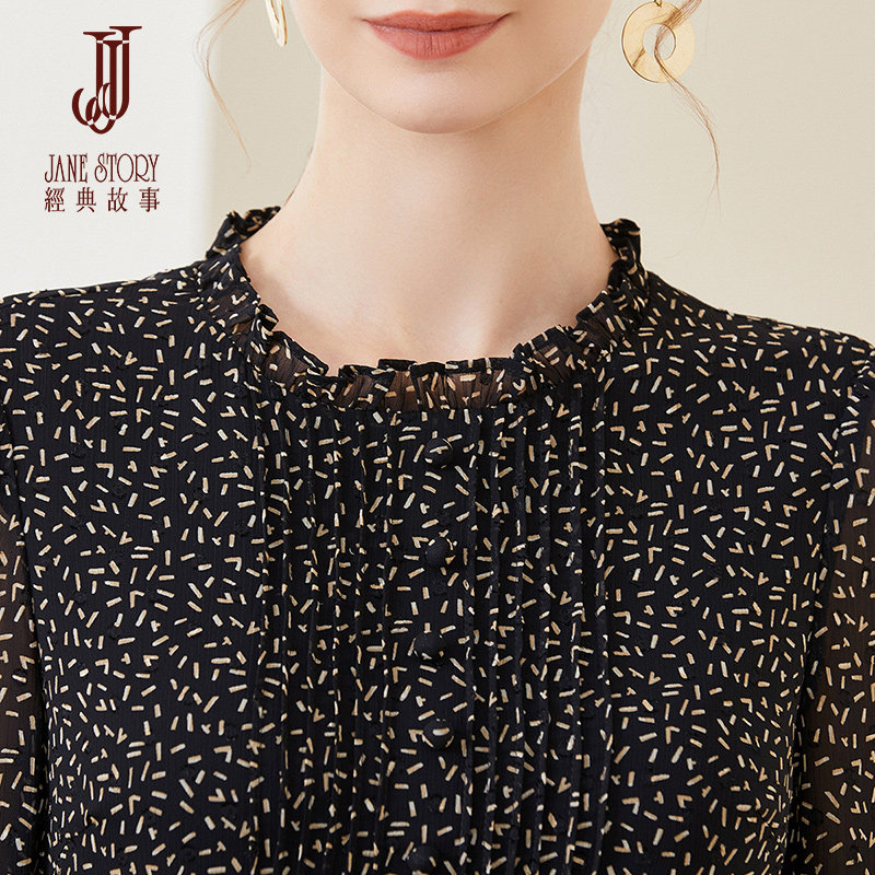 经典故事黑色圆领女春装2022年衬衫 经典故事衬衫