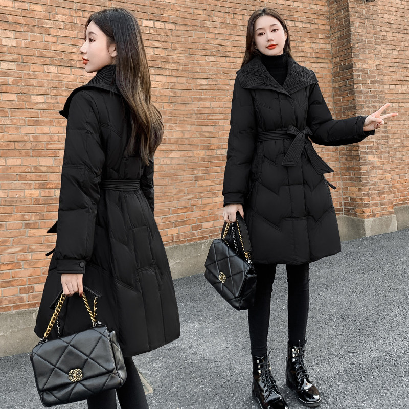 2025年新款女装冬季修身收腰中长款羽绒服女黑色显瘦翻领外套系带,淘宝优惠券,粉丝福利购,淘宝优惠卷