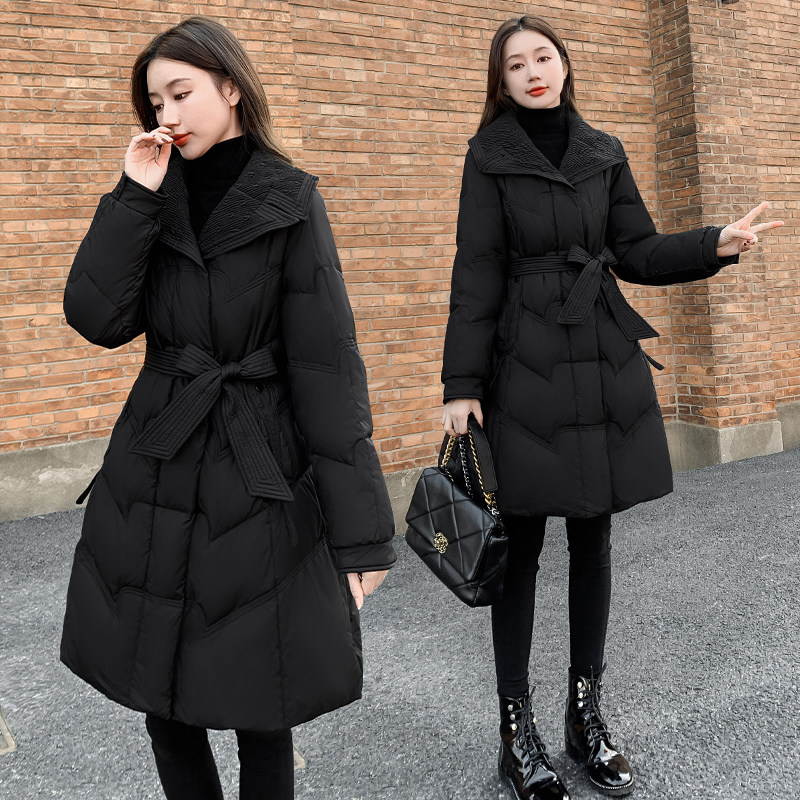 2025年新款女装冬季修身收腰中长款羽绒服女黑色显瘦翻领外套系带,淘宝优惠券,粉丝福利购,淘宝优惠卷