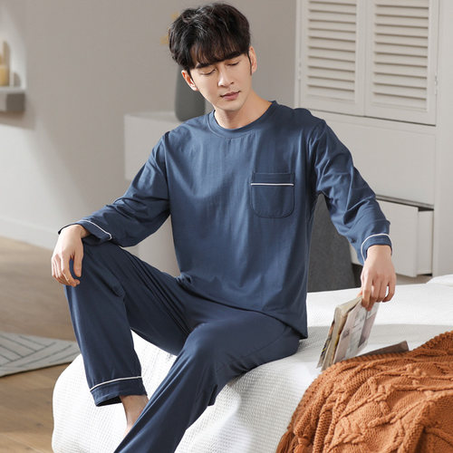 莫代尔男士睡衣春秋款圆领套头夏季薄长袖秋冬大码青年家居服套装 - 图0