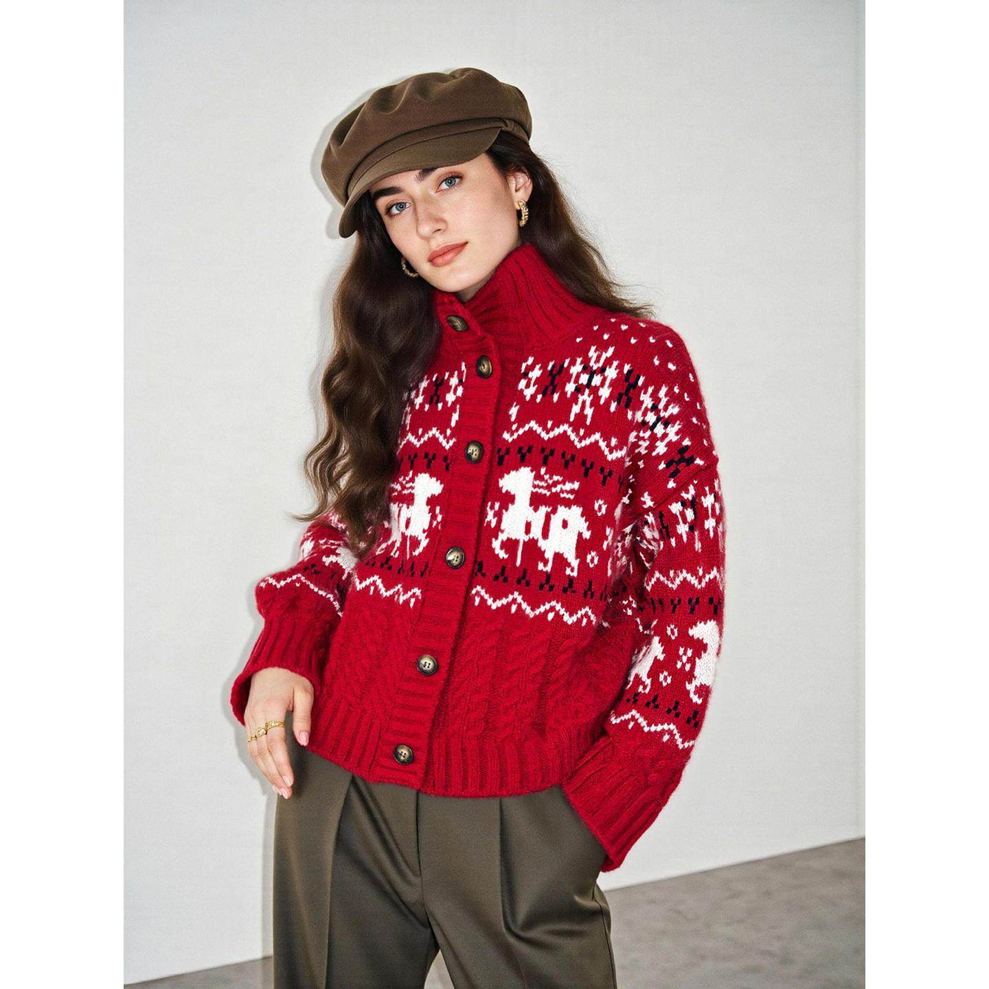 Basic House/百家好新年红提花高领羊绒针织开衫女冬羊毛毛衣外套,淘宝优惠券,粉丝福利购,淘宝优惠卷