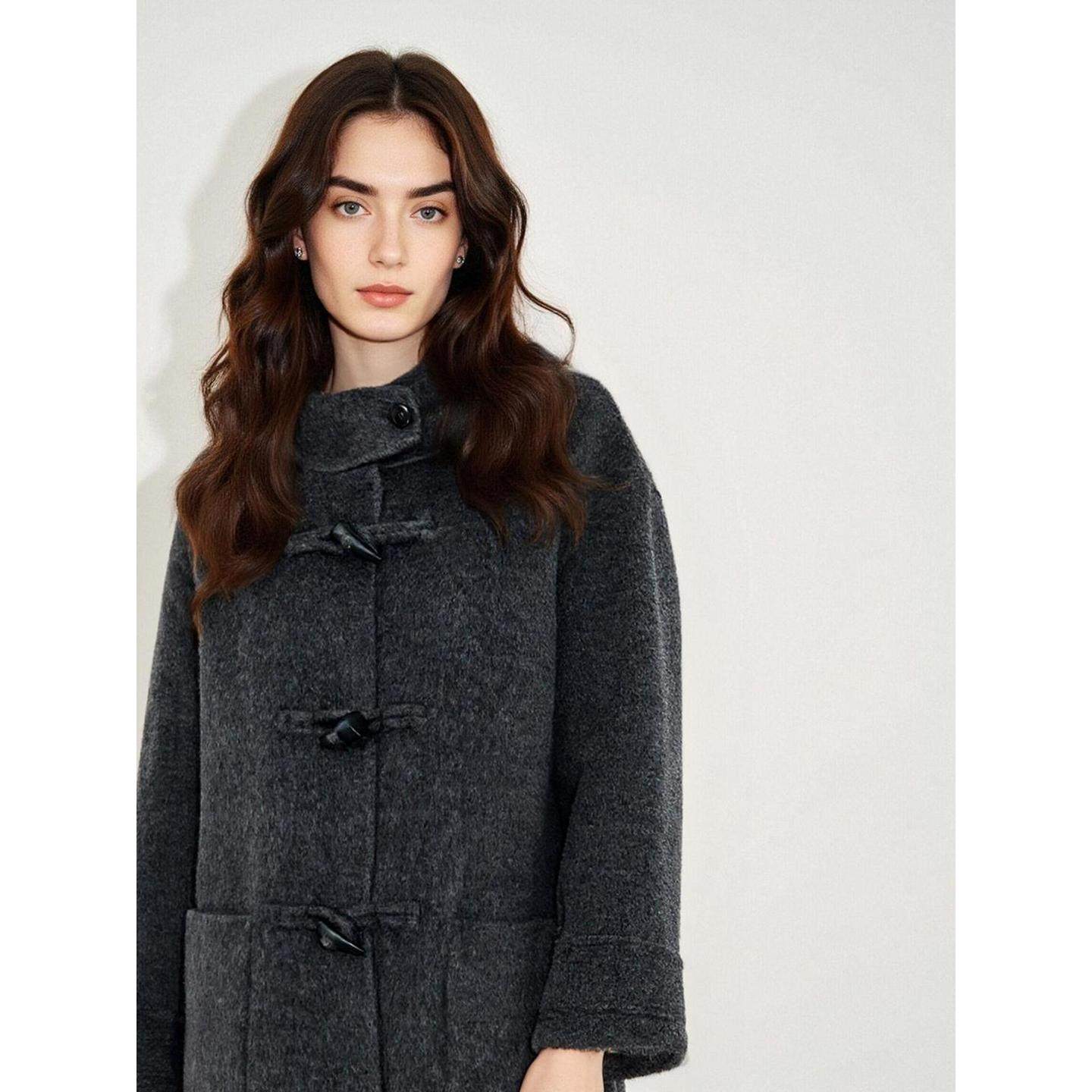 Basic House/百家好暗灰色双面羊毛呢子大衣女冬季加厚牛角扣外套,淘宝优惠券,粉丝福利购,淘宝优惠卷