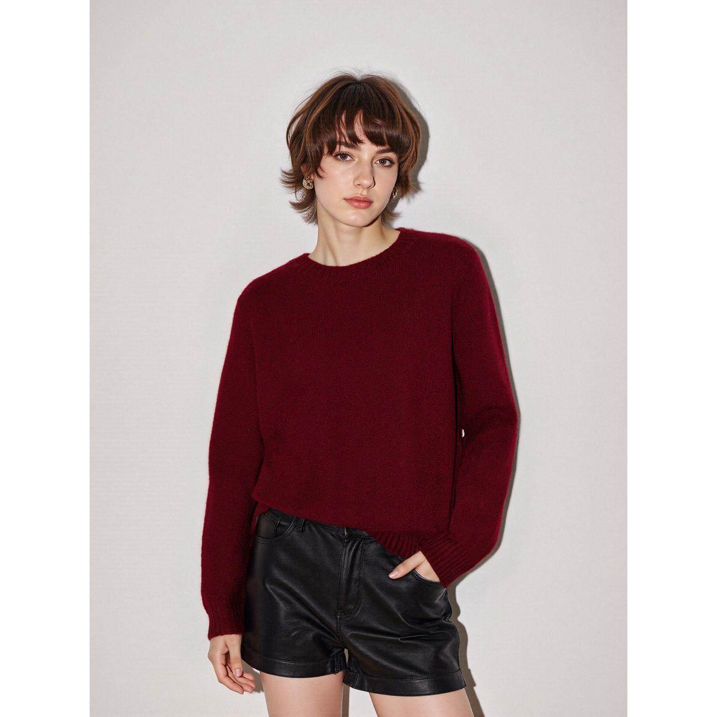 Basic House/百家好红色100%羊毛圆领毛衣女冬季慵懒风软糯针织衫,淘宝优惠券,粉丝福利购,淘宝优惠卷