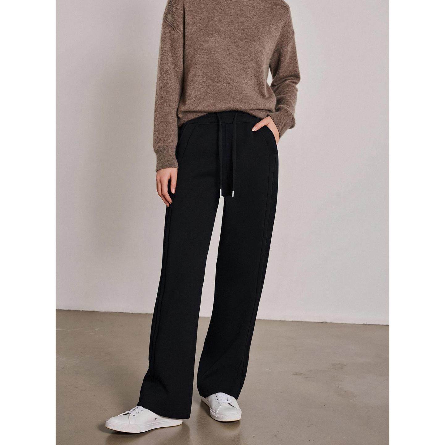 Basic House/百家好黑色阔腿运动裤女士冬季加绒加厚高腰直筒卫裤,淘宝优惠券,粉丝福利购,淘宝优惠卷