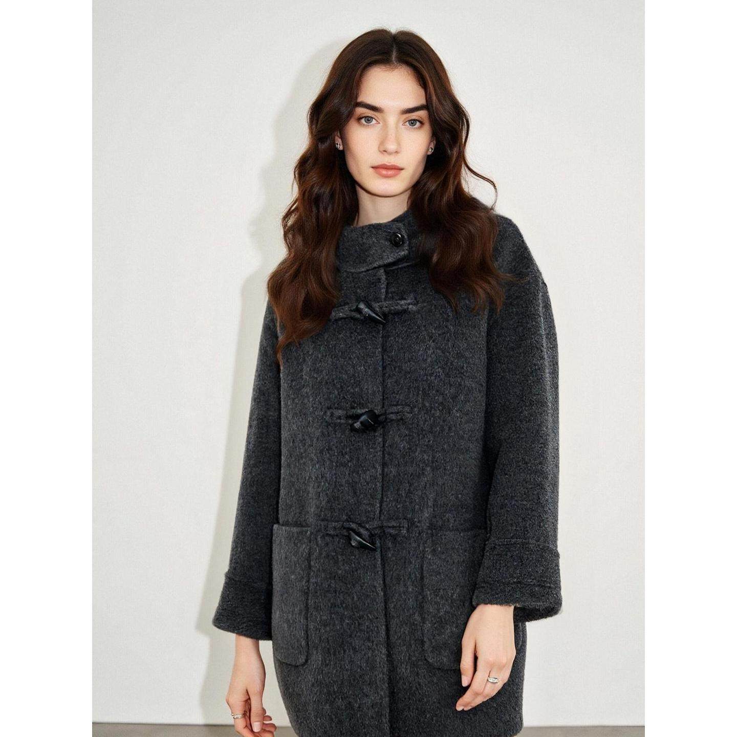 Basic House/百家好暗灰色双面羊毛呢子大衣女冬季加厚牛角扣外套,淘宝优惠券,粉丝福利购,淘宝优惠卷