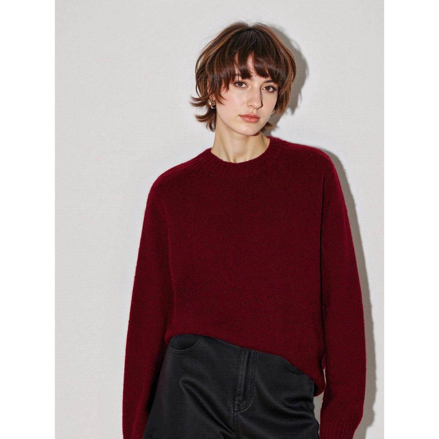 Basic House/百家好红色100%羊毛圆领毛衣女冬季慵懒风软糯针织衫,淘宝优惠券,粉丝福利购,淘宝优惠卷