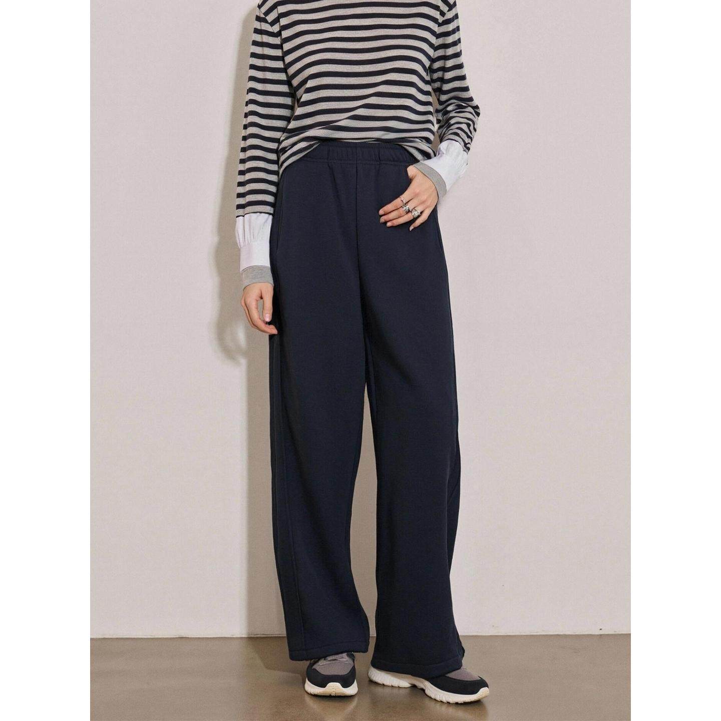 Basic House/百家好加绒黑色阔腿卫裤女冬季加厚小个子显高运动裤,淘宝优惠券,粉丝福利购,淘宝优惠卷