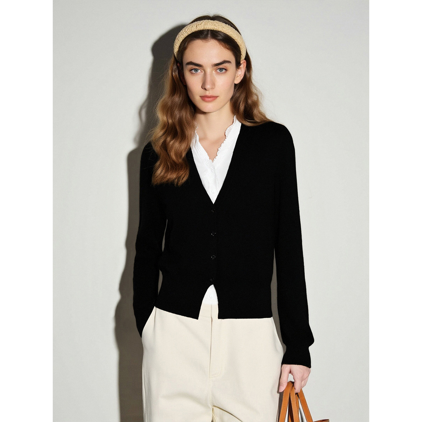 Basic House/百家好蕾丝花边V领针织衫女2025冬季新款含羊毛上衣,淘宝优惠券,粉丝福利购,淘宝优惠卷