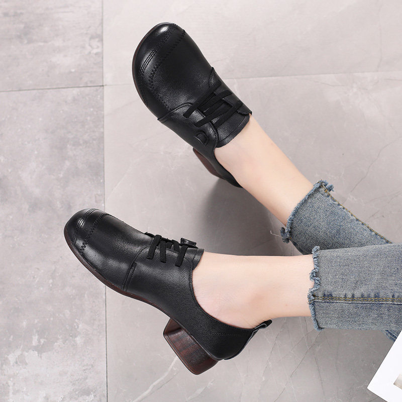 新款中跟妈妈鞋秋季单鞋真皮女鞋大码皮鞋舒适圆头休闲粗跟深口鞋,淘宝优惠券,粉丝福利购,淘宝优惠卷
