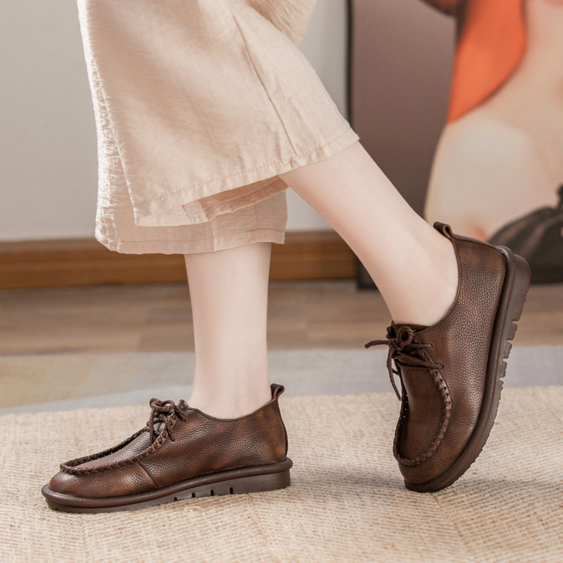 舒适圆头平底单鞋女真皮2025新款春秋女鞋复古大码休闲鞋子软皮鞋,淘宝优惠券,粉丝福利购,淘宝优惠卷