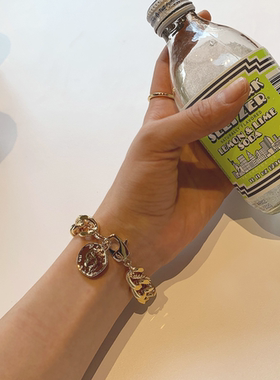 现货mocobling韩国官网正品复古女士时尚朋克硬币金属锁链式手链