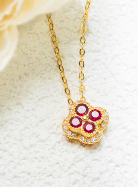 FIICCI珠宝 天然红宝石18K黄金锁骨链四叶草鸽血红宝石项链现货