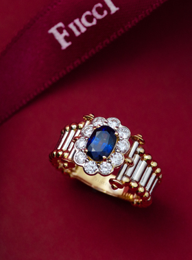 FIICCI菲伊奇 天然皇家蓝宝石18K金钻石戒指复古artdeco中性戒指