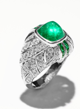 FIICCI菲伊奇 哥伦比亚祖母绿糖包山糖塔切割复古18k白金钻戒指