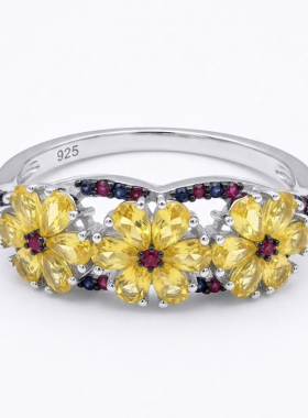 FIICCI菲伊奇 天然彩色蓝宝石红宝石925纯银戒指花瓣花朵设计礼物