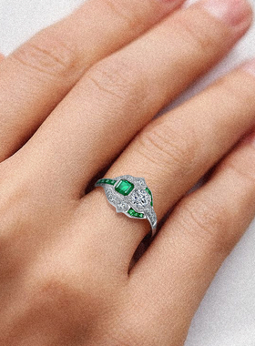 FIICCI菲伊奇 天然祖母绿铂金钻石戒指artdeco复古老婆生日礼物