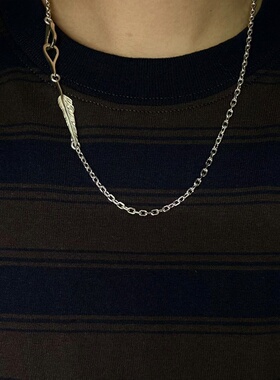 思涵银工坊Larry Smith925纯银羽毛鱼钩链余文乐同款项链日潮项链