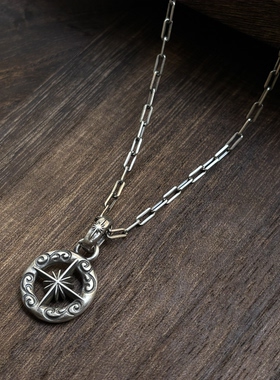 思涵银工坊925纯银藤草纹太阳神吊坠男女同款小众做旧款百搭项链