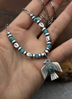 思涵银工坊原创小众纳瓦霍风格925纯银松石雷鸟做旧项链男女日潮