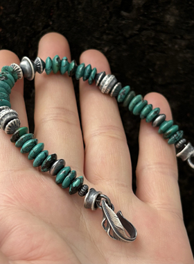 思涵银工坊原创小众纳瓦霍风格925纯银珠天然飞碟松石男女款手链