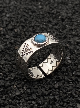 思涵银工坊小众阿美咔叽925纯银雕刻花纹松石花瓣纳瓦霍风格戒指