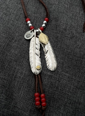 思涵银工坊高桥风格经典搭配925银点铜上铜羽毛鹿皮绳男女款项链