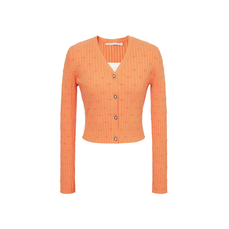 飘蕾橘黄色V领竖坑条针织开衫女2024春季新款修身时尚显瘦外套