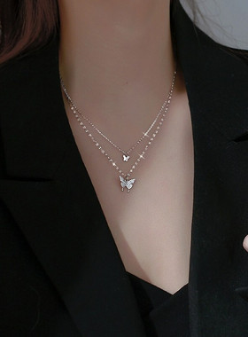 双层锁骨链项链银十字链女镀银