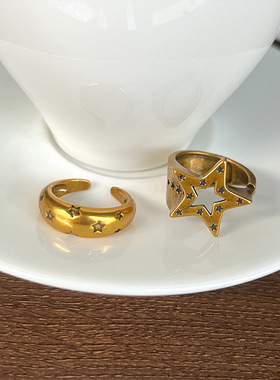 五角星夸张vintage不掉色古金开口指环小众中古设计感戒指百搭潮