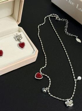 甜美少女红色植绒爱心小熊项链女小众设计可爱百搭银针耳环锁骨链