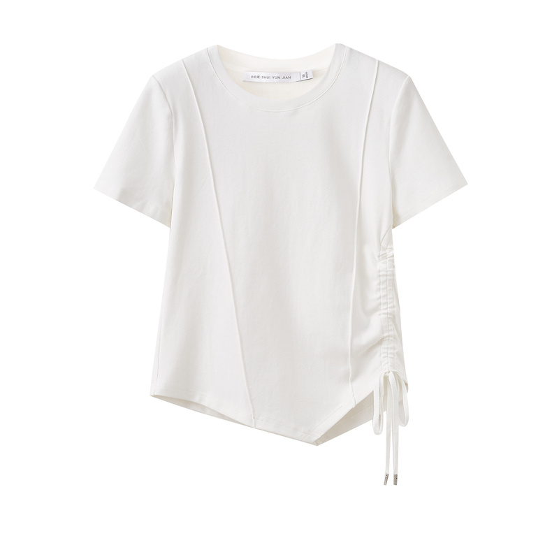 水云间白色显瘦正肩短袖T恤女夏季新款2024时尚设计感小个子上衣-图3