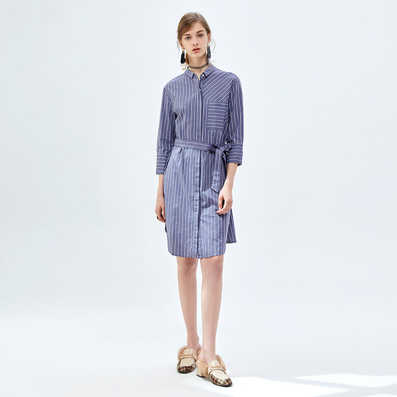 水云间休闲宽松条纹a字连衣裙衬衫 sedate连衣裙