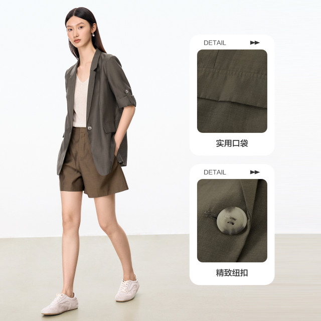Shuiyunjian Brown Three Quarter Sleeve Small Blazer Women's Acetate Linen Blended Suit Right Shoulder Commuting Style 2026 Summer