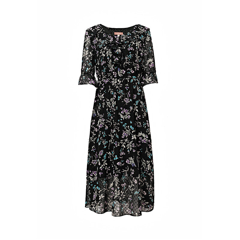 v领收腰系带荷叶边印花雪纺裙 sedate连衣裙