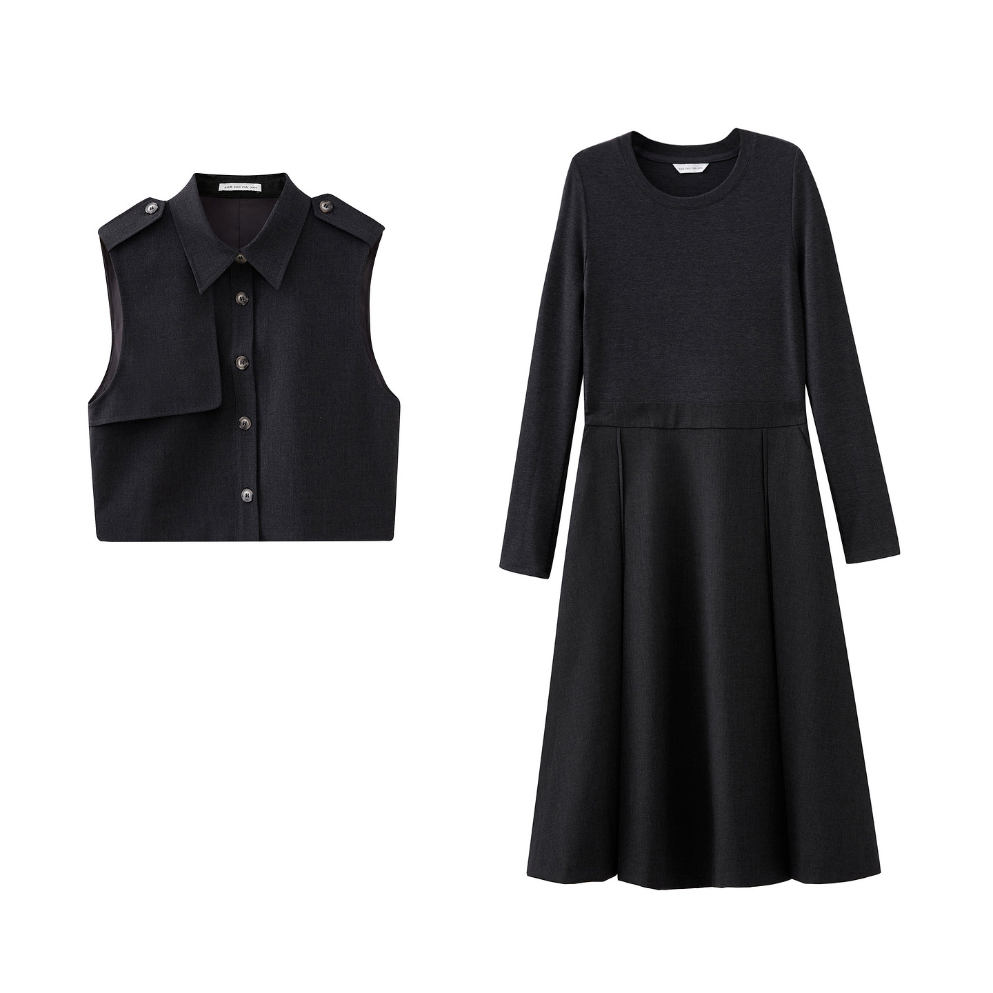 水云间深灰色静奢风长袖连衣裙女压褶伞裙子马甲外套两件套2026春,淘宝优惠券,粉丝福利购,淘宝优惠卷