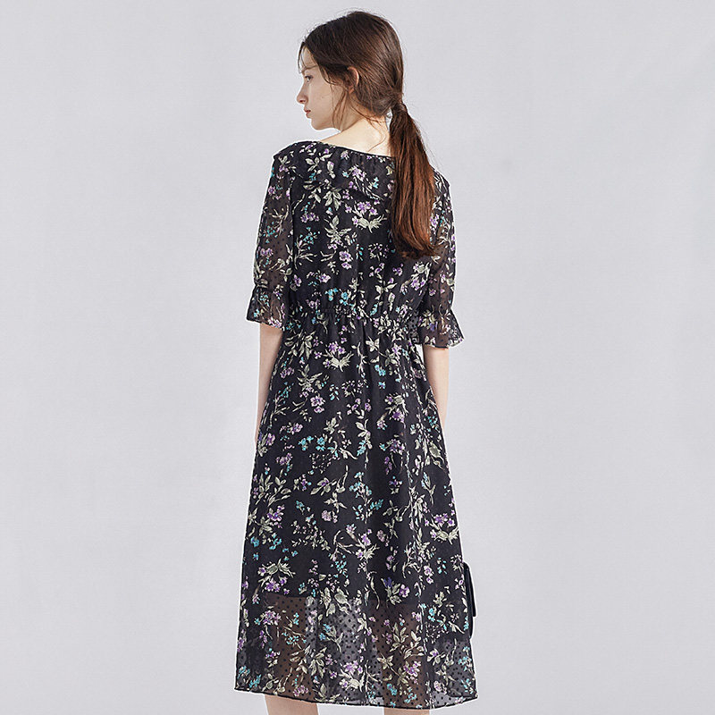 v领收腰系带荷叶边印花雪纺裙 sedate连衣裙