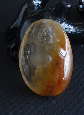 天然发晶吊坠雕刻佛公项链白兔毛