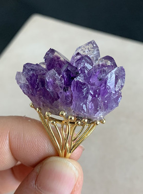天然紫晶簇戒指骨干紫水晶牙闪亮