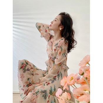 ຜູ້ລົງນາມ 2024 ພາກຮຽນ spring ແລະ summer ແຂນຍາວຂອງແມ່ຍິງໃຫມ່ pleated ພິມສັ້ນ tea break ແບບຝຣັ່ງ petite dress ສໍາລັບແມ່ຍິງ