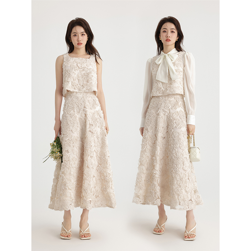 签儿 法式重工刺绣叠穿马甲背心上衣高腰a字裙长款半身裙两件套装 - 图0
