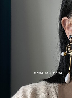 欧韩饰品长款鸟笼珍珠设计感耳夹