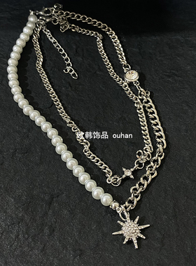 韩国双层叠戴珍珠项链小众设计感