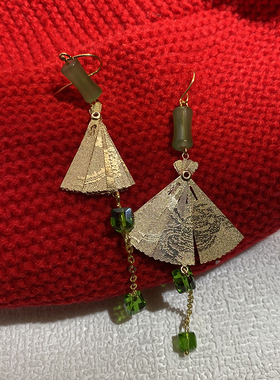 新中式耳环中国风古典金色扇子绿色流苏长款配饰耳饰耳坠耳夹