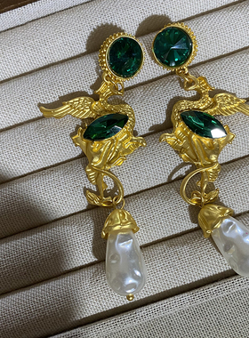 中古金色绿色钻长款独特天使造型耳环耳饰设计感高级时尚耳坠