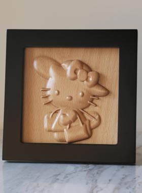 中古风卡通kitty表情包黑框装饰画实木墙上装饰画桌面木雕摆件