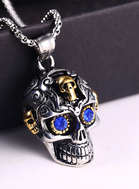 复古蓝眼睛骷髅头吊坠欧美钛钢饰品个性潮人欧美朋克风配饰项链男