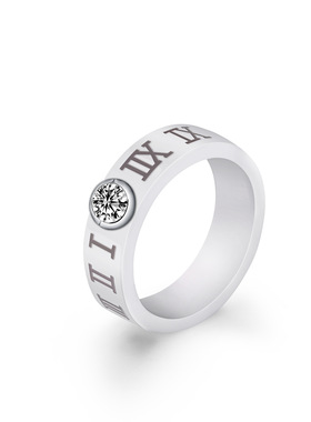 欧美跨境新款陶瓷罗马数字6MM戒指女士镶锆钻时尚戒指情侣对戒女