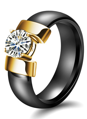 欧美跨境热卖6MM陶瓷个性简约黑白镶锆情侣戒指对戒流行时尚